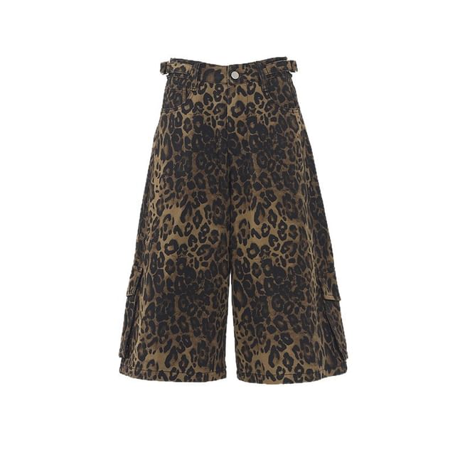 Mid Waist Leopard Print Wide Leg Jorts