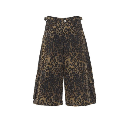 Mid Waist Leopard Print Wide Leg Jorts
