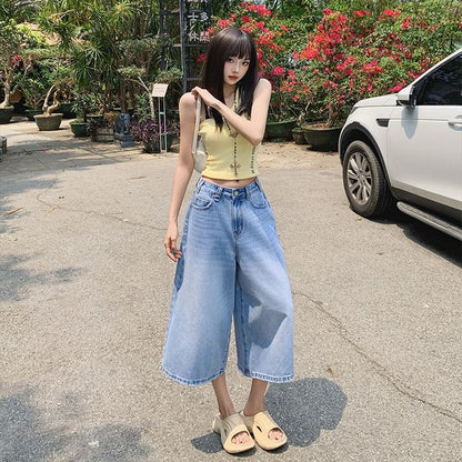 Mid Waist Washed Wide Leg Jorts