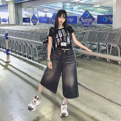 Mid Waist Washed Wide Leg Jorts