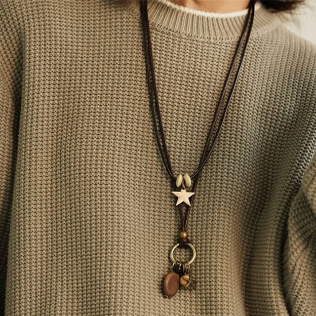 Layered Necklace Pendant Bead Star Cord