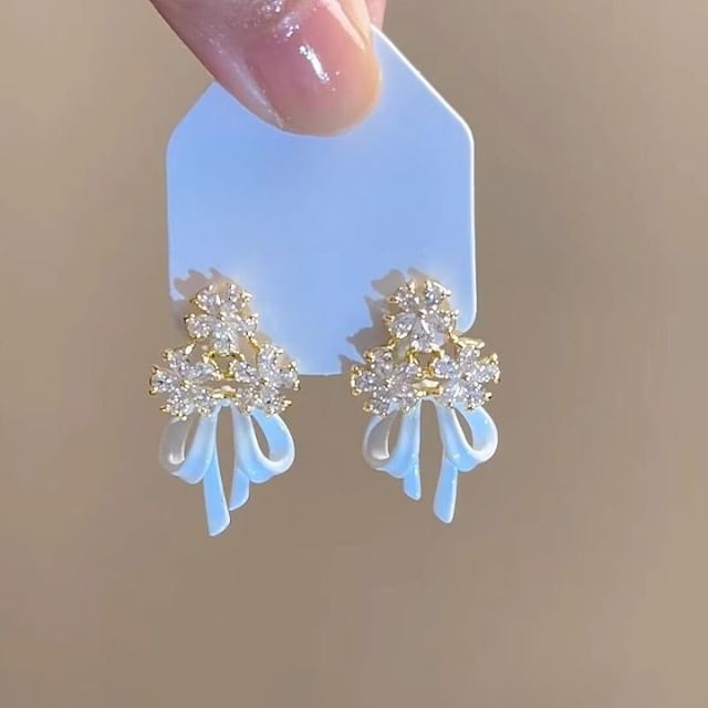 Rhinestone Bow Chandelier Floral Earring Alloy