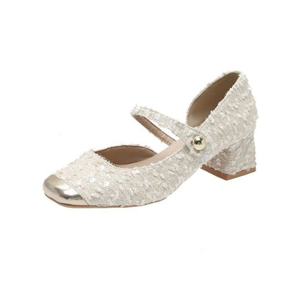 Pumps Sequin Mary Jane Heel Tweed Block Toe Square
