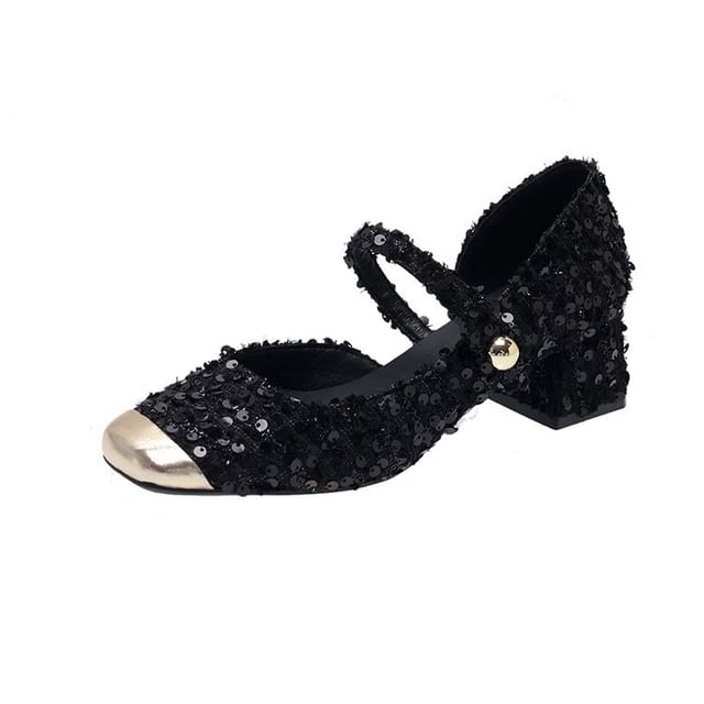 Pumps Sequin Mary Jane Heel Tweed Block Toe Square