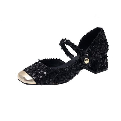 Pumps Sequin Mary Jane Heel Tweed Block Toe Square