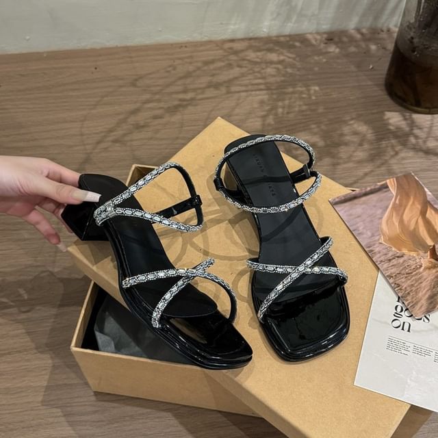 Rhinestone Sandals Block Heel