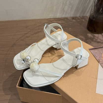 Block Heel Flower Sandals Pearl Faux