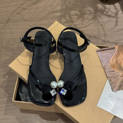 Block Heel Flower Sandals Pearl Faux