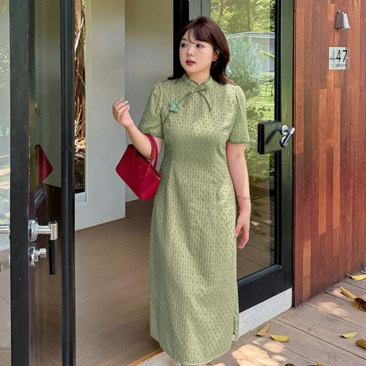 Plus Size Short-Sleeve Stand Collar Jacquard Flower Accent Midi A-Line Dress