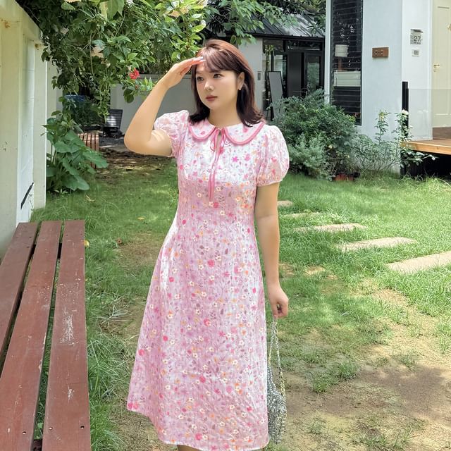 Plus Size Puff-Sleeve Peter Pan Collar Floral Print Embroidered Tie Front Midi A-Line Dress