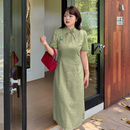 Plus Size Short-Sleeve Stand Collar Jacquard Flower Accent Midi A-Line Dress