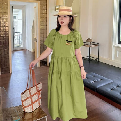 Plus Size Short-Sleeve Crew Neck Flower Accent Tie Waist Midi A-Line Dress