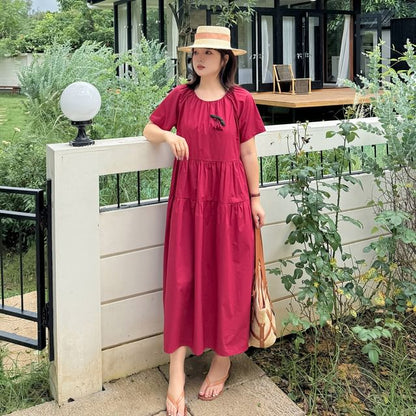 Plus Size Short-Sleeve Crew Neck Flower Accent Tie Waist Midi A-Line Dress