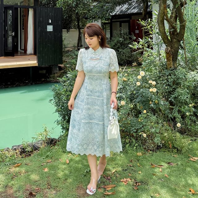 Plus Size Short-Sleeve Stand Collar Embroidered Cutout Fringed Midi A-Line Dress