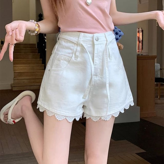 High Waist Lace Trim Denim Wide Leg Shorts