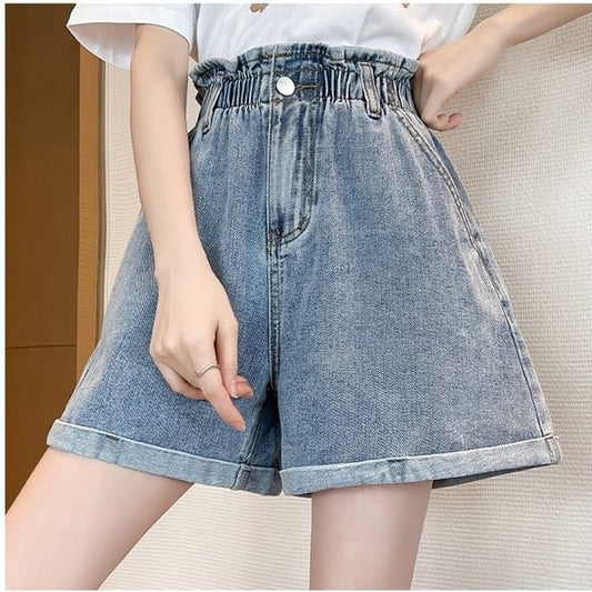 High Waist Washed Denim Wide Leg Shorts