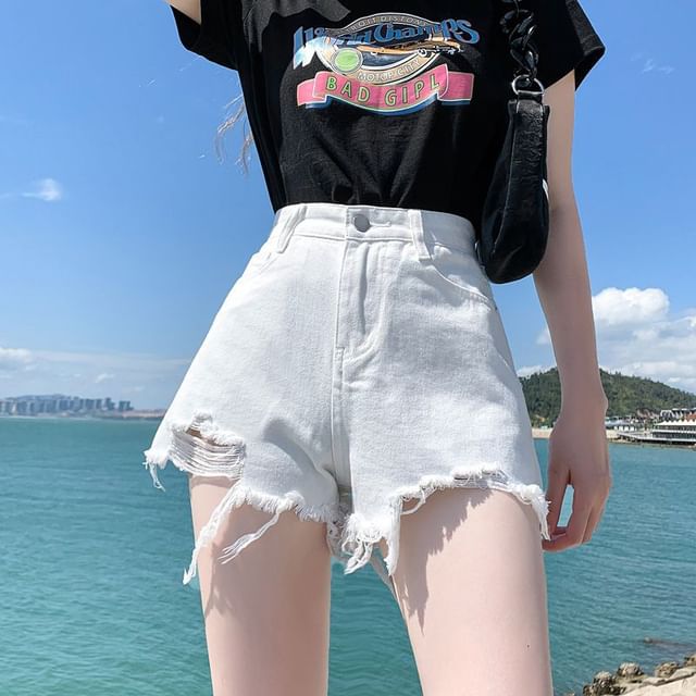 High Waist Plain Distressed Denim Shorts