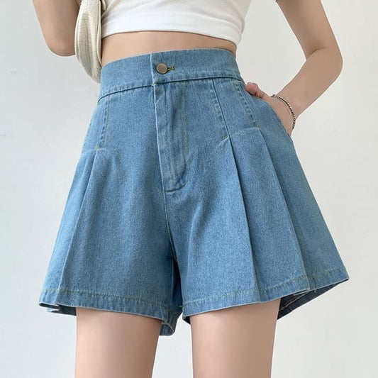 High Waist Washed Denim Pleated Wide Leg Shorts