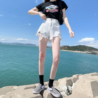 High Waist Plain Distressed Denim Shorts