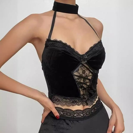 Lace Panel Halter Cropped Cami Top