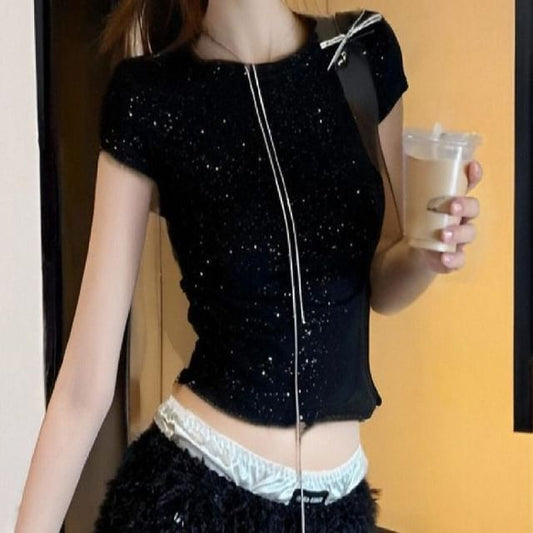 Rhinestone Boatneck Cropped Short-Sleeved Tee