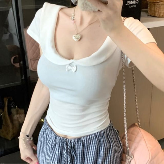 Plain Scoop Neck Cropped Short-Sleeved Top