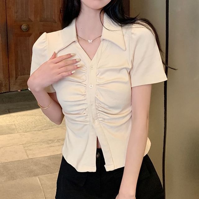 Plain Button-Up Short-Sleeved Shirt