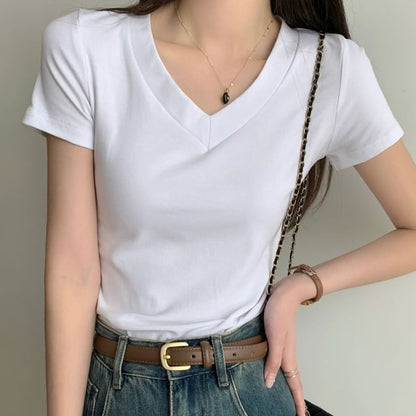 Plain V-Neck Short-Sleeved T-Shirt