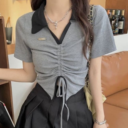Two-Tone Drawstring Waist Cropped Short-Sleeved Polo