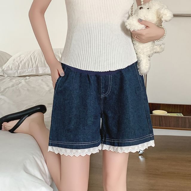 Maternity Lace Trim Denim Shorts