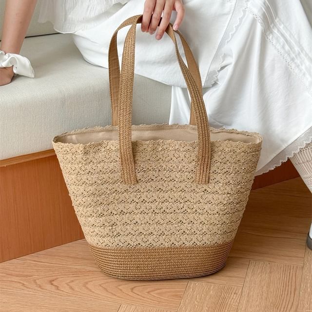 Bag Tote Straw Panel Lace