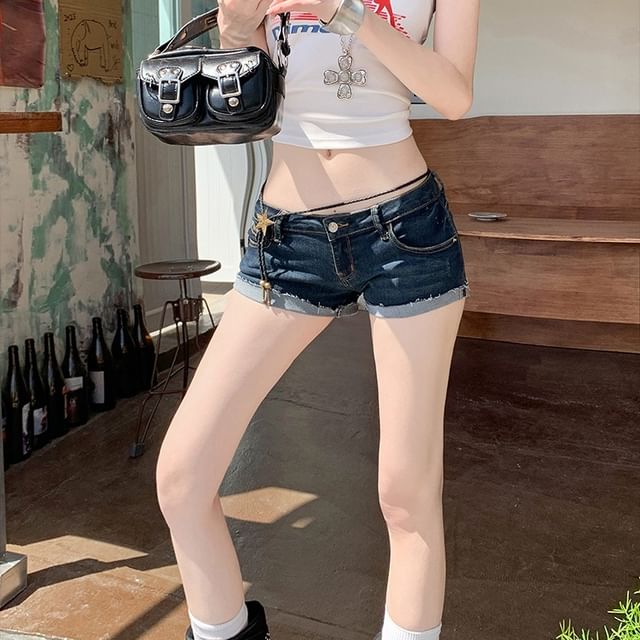 Low Rise Washed Frayed Denim Hot Pants