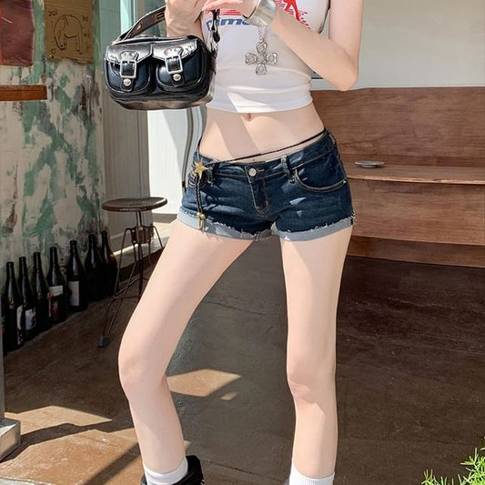 Low Rise Washed Frayed Denim Hot Pants