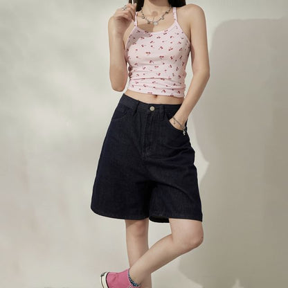 Mid Rise Washed Denim Wide Leg Shorts