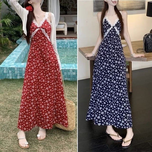 V-Neck Floral / Dress Sleeveless A-Line Cardigan Maxi Print