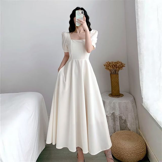 A-Line Neck Square Maxi Plain Short-Sleeve Dress