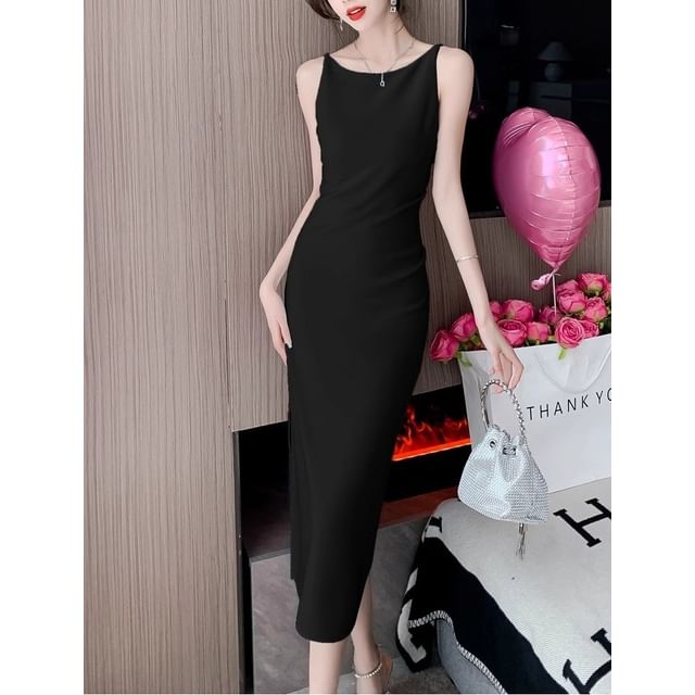 Dress Midi Sheath Plain Sleeveless