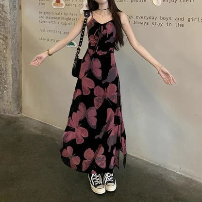 A-Line Dress Designs) (Various Strap Floral V-Neck Print Spaghetti