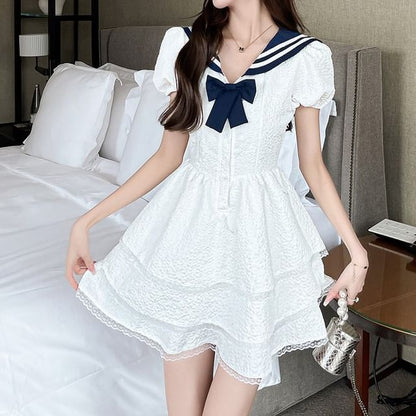 Short-Sleeve Dress A-Line Mini Collar Sailor