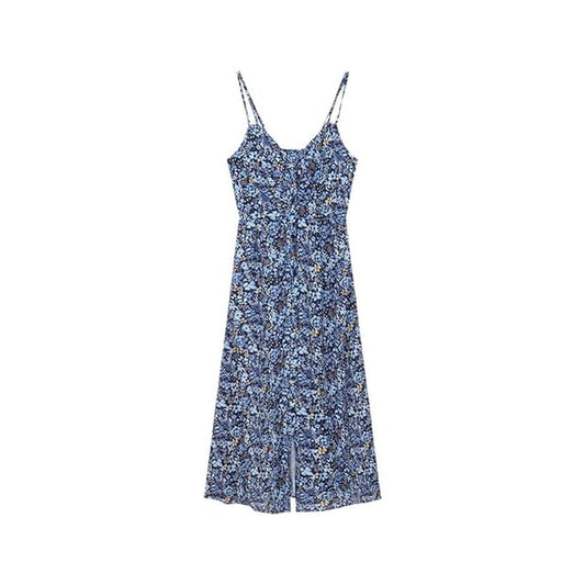 V-Neck Dress Print Floral Midi A-Line Sleeveless