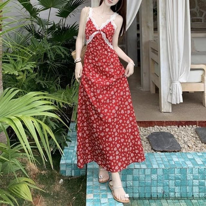 V-Neck Floral / Dress Sleeveless A-Line Cardigan Maxi Print