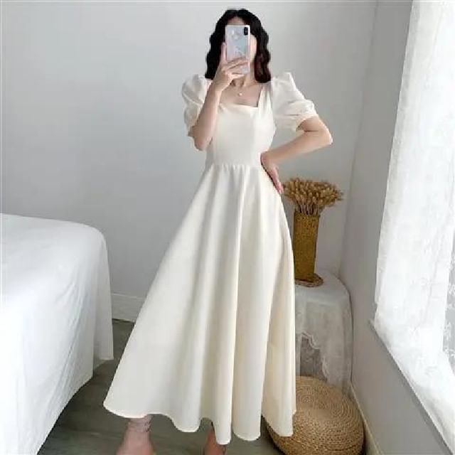 A-Line Neck Square Maxi Plain Short-Sleeve Dress