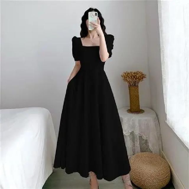 A-Line Neck Square Maxi Plain Short-Sleeve Dress