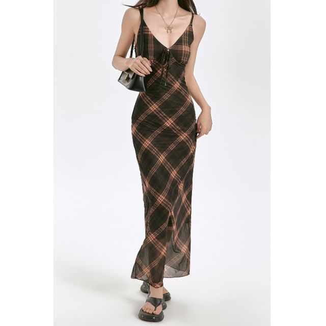 V-Neck Spaghetti Dress Maxi Strap Sheath Plaid