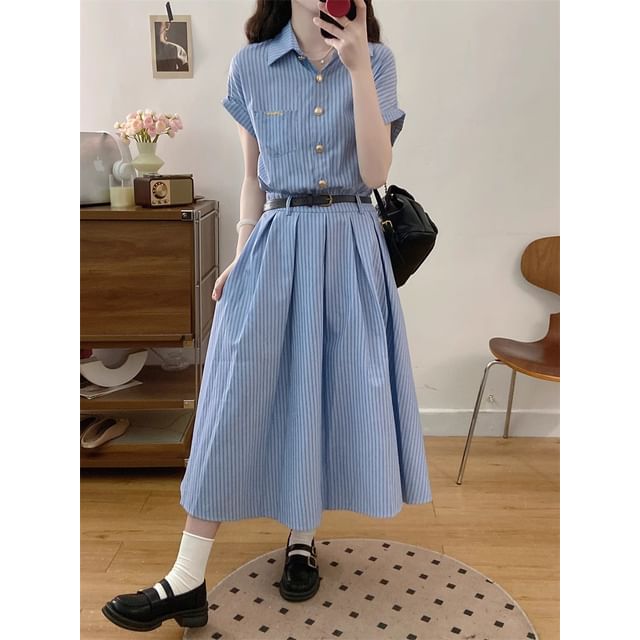 Striped A-Line Shirt Dress Maxi Short-Sleeve