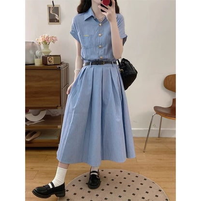 Striped A-Line Shirt Dress Maxi Short-Sleeve