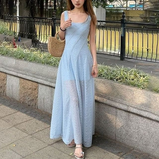 A-Line Neck Maxi Plain Sleeveless Square Dress