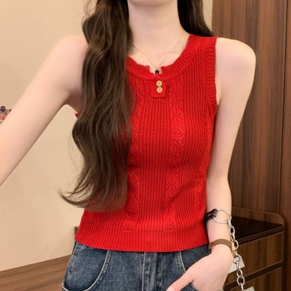 Plain Knit Crew-Neck Sleeveless Top