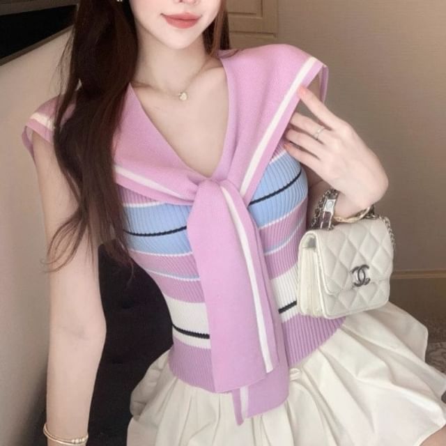 Striped Collared Knit Top, Sleeveless V-Neck