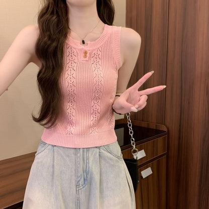 Plain Knit Crew-Neck Sleeveless Top